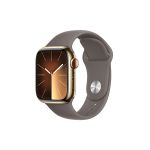 image produit Apple Watch Series 9 (41 mm GPS + Cellular) Smartwatch avec boîtier en acier inoxydable or et Bracelet Sport argile (M/L). Suivi de l’activité physique, apps Oxygène sanguin et ECG, résistance à l’eau