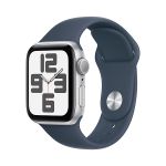 image produit Apple Watch SE (2ᵉ génération, 2023) (40 mm GPS + Cellular) Smartwatch avec boîtier en aluminium Argent et Bracelet Sport Bleu Orage - M/L. Suivi de l’activité Physique et du Sommeil, écran Retina