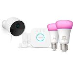 image produit Philips Hue Secure, Kit de Démarrage avec 1 Caméra Filaire Sécurisée Blanche, 2 Capteurs de Contact Sécurisés Blancs, 2 Ampoules Connectées White and Color Ambiance, 1 Pont, Facile à Installer