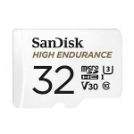 image produit SanDisk HIGH ENDURANCE Video Monitoring for Dashcams & Home Monitoring 32 GB microSDHC Memory Card + SD Adaptor, Up to 100 MB/s read and 40 MB/s Write, Class 10, U3, V30, White