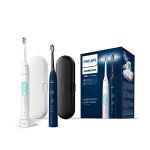 image produit Philips Sonicare ProtectiveClean 5100 - Brosses à dents électriques avec 3 modes de brossage, capteur de pression, minuterie et étui de voyage, blanc et bleu, Lot de 2, modèle HX6851/34