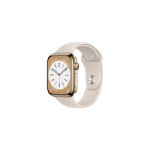 image produit Apple Watch Series 8 GPS + Cellular, Boîtier en Acier Inoxydable Or de 45 mm, Bracelet Sport lumière stellaire - Regular