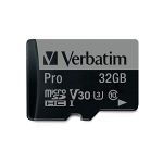 image produit Verbatim Pro U3 Carte mémoire microSDHC avec adaptateur - 32 Go - noire - pour l'enregistrement vidéo 4K en Ultra HD - pour appareils photo - avec spécification UHS de classe 3