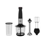 image produit BEKO, Set Mixeur Plongeant, Puissance : 750 W, 12 vitesses + Turbo, 4 lames en étoile, Cloche anti éclaboussures, Verre doseur, Hachoir bol verre 2 lames, Fouet, Pied inox, Noir et Inox