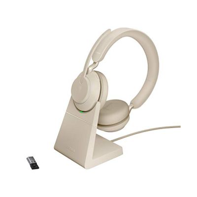 image Jabra Evolve2 65 Wireless PC Headset with Charging Stand – Noise Cancelling UC Certified Stereo Headphones With Long-Lasting Battery – USB-A Bluetooth Adapter – Beige