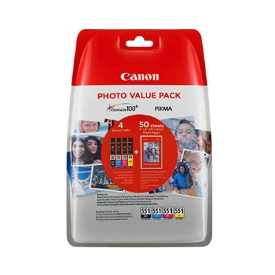 Canon CLI-551 Cartouches BK/C/M/Y Multipack Noir, Cyan, Magenta, Jaune + Pack de 50 feuilles papier photo PP-201 10x15cm (Emballage plastique)