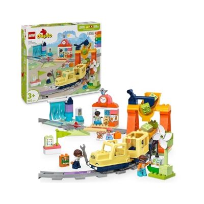 image LEGO Duplo Le Grand Train Communautaire Interactif - Jouet Éducatif pour Garçon ou Fille dès 3 Ans - Locomotive Push&Go avec Sons & Lumières - 16 Rails & 4 Figurines - Idée de Cadeau 1er Âge 10428