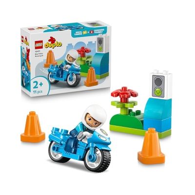 image LEGO Duplo Ma Ville La Moto de Police Bleue - Jouet Éducatif - Motricité - Moto, Figurine de Policière avec Casque & Feux de Signalisation - Cadeau d'anniversaire pour Garçon ou Fille dès 2 Ans 10471