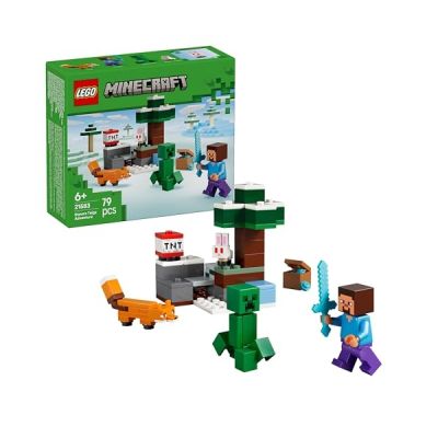 image LEGO Minecraft Les Aventures de Steve dans la Taïga - Jouet - Minifigurine de Steve avec Épée en Diamant - Figurines de Creeper, Renard & Bébé Lapin - Cadeau Gaming Garçon ou Fille dès 6 Ans 21583