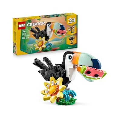 image LEGO Creator 3-en-1 Animaux Sauvages : Le Toucan Tropical - Oiseau avec Fleur - Jouet Animal Transformable en Figurine de Papillon ou de Poisson Tropical - Cadeau Original Fille ou Garçon 7 Ans 31173