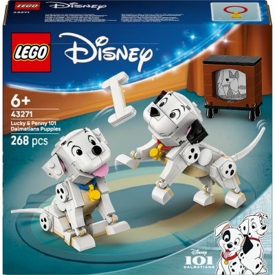LEGO Disney Lucky et Penny, Les Chiots des 101 Dalmatiens 43271 | Jouet pour fille dès 6 ans, déco, figurines animales avec tête, jambes et queues mobiles, os et TV, idée cadeau, 268 pièces