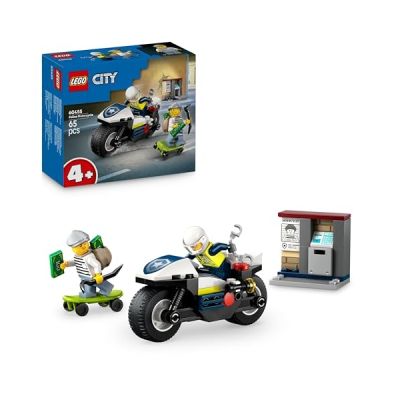 LEGO City La Course-Poursuite en Moto de Police - Set de Construction avec Jouet Moto - 2 Minifigurines - Mini-Distributeur & Skateboard - Cadeau d'anniversaire pour Fille ou Garçon dès 4 Ans 60455