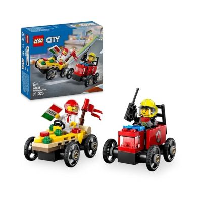 image LEGO City Pack de bolides de Course : Camion de Pizza Contre Camion de Pompiers - Jeu de Construction pour garçons et Filles dès 5 Ans avec Voitures caisses à Savon - Cadeau d'anniversaire 60458