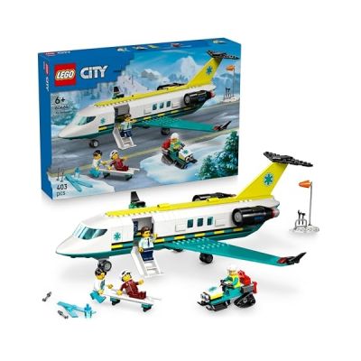 image LEGO City L’Ambulance de Secours Aérienne - Jeu de Construction avec Maquette d'avion - 4 Minifigurines Dont 1 Docteur & 1 Pilote - Motoneige, Civière & Outils - Cadeau pour Garçon dès 6 Ans 60465