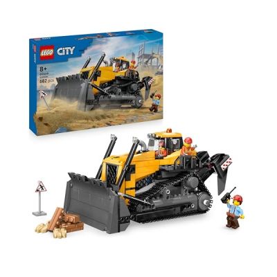 image LEGO City Le Bulldozer Jaune - Jeu de Construction de véhicule de Chantier de Grande Taille - 3 Minifigurines - Briques supplémentaires & Panneau - Cadeau d'anniversaire pour garçon dès 8 Ans 60466