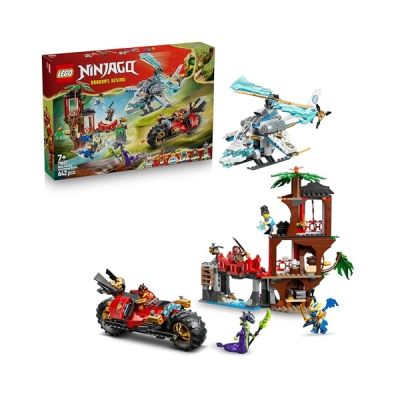 image LEGO Ninjago La Cabane et Les Véhicules des Ninjas - Jouet Interactif avec Moto, Hélicoptère, 6 Minifigurines & Sabres - Cadeau pour Garçon dès 7 Ans & Fans 71857