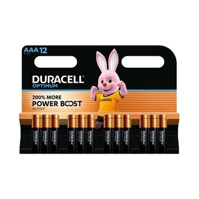 image DURACELL Optimum Piles AAA (Lot de 12) – Piles Alcalines 1,5V – +200 % d’actifs Power Boost – Répondent aux exigences des appareils modernes–100 % Recyclables, 0 % de plastique dans l’emballage–MX1500