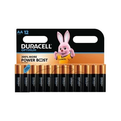 image DURACELL Optimum Piles AA (Lot de 12) – Piles Alcalines 1,5V – +200 % d’actifs Power Boost – Répondent aux exigences des appareils modernes–100 % Recyclables, 0 % de plastique dans l’emballage–MX1500