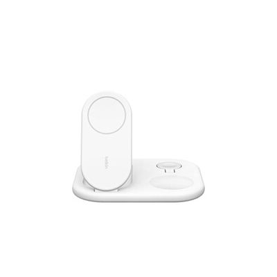 image Belkin BoostCharge Socle de Recharge 2-en-1 aimanté et Pliable Qi2, 15W, Compatible MagSafe Chargeur sans Fil, Recharge Rapide, Apple iPhone 17, iPhone Air, Pixelsnap, Adaptateur Inclus - Blanc