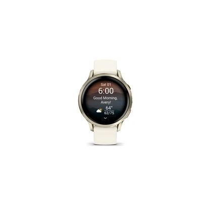 image Garmin Venu 4, 41mm - Montres GPS connectées avancées Forme et santé avec écran Ultra-Lumineux et coloré, Lampe LED intégrée et Fonctions connectée - Beige et Lunar Gold avec Bracelet Ivoire