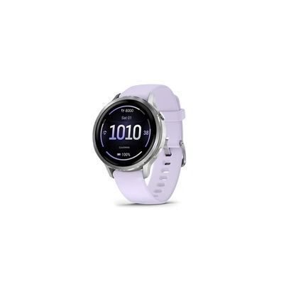 image Garmin Venu 4, 41mm - Montres GPS connectées avancées Forme et santé avec écran Ultra-Lumineux et coloré, Lampe LED intégrée et Fonctions connectée - Gris et Silver avec Bracelet pervenche