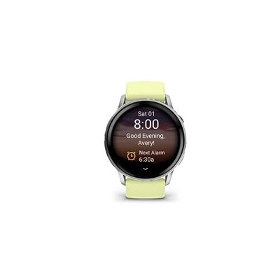 image Garmin Venu 4, 45mm - Montres GPS connectées avancées Forme et santé avec écran Ultra-Lumineux et coloré, Lampe LED intégrée et Fonctions connectée - Gris et Silver avec Bracelet Jaune Citron