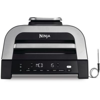 image Ninja MAX 6-en-1 Grill d’intérieur et friteuse sans huile, 6 modes, cuit jusqu’à 6 hamburgers, capacité 3,8 l, faible dégagement de fumée, thermomètre à viande numérique inclus, Gris/Argent, DG551EU
