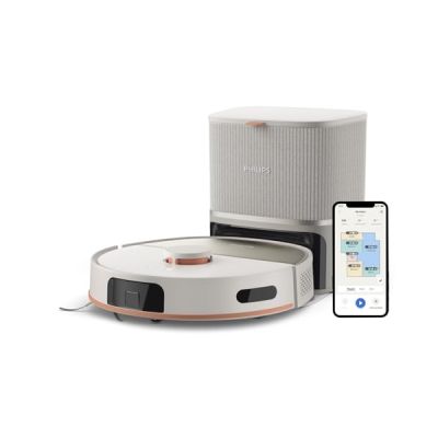 image Philips Homerun Série 5000 – Robot aspirateur, Double serpillières rotatives, 10 000 Pa, Aspire & nettoie, Auto-vidange (S-Bag®), Navigation Laser, app Homerun, Beige Soie (XU5100/20)