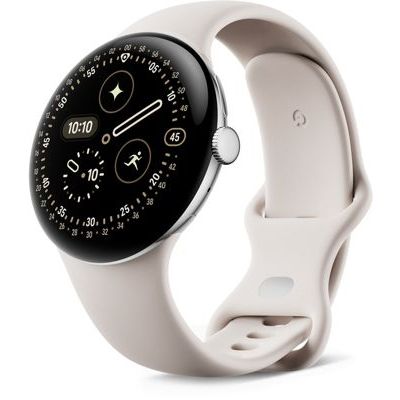 image Google Pixel Watch 4 (45 mm) – Montre connectée Android, Suivi des données de santé et de Remise en Forme, et Aide de Gemini – Boîtier en Aluminium Argent Poli – Bracelet Sport Porcelaine – LTE
