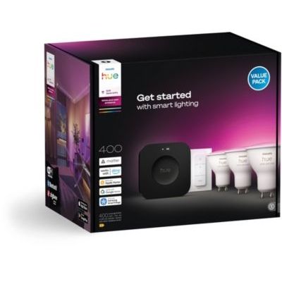 Philips Hue Kit de démarrage : Bridge Pro + 3 spots intelligents GU10 + variateur d'intensité, ambiance blanche et colorée, hub d'éclairage intelligent, fonctionne avec Apple Home, Amazon Alexa