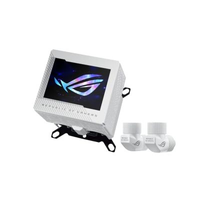 image ASUS ROG Ryujin III WB White LCD Bloc d'eau pour processeur (Asetek avec 178 micro-lamelles de refroidissement et plaque de refroidissement en alliage de cuivre, écran LCD 3,5", ventilateur VRM