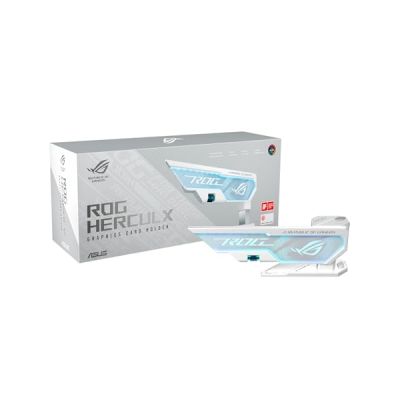 image ASUS ROG Herculx Support pour Carte Graphique Blanc (Hauteur de Support 72-128 mm, élément ARGB 3D intégré, Aura Sync, Niveau à Bulle, Blanc)