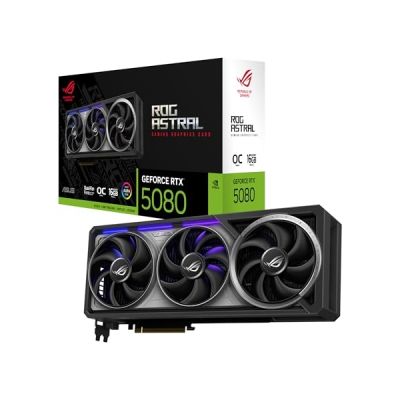 image Asus ROG Astral GeForce RTX 5080 16GB GDDR7 OC Edition – Carte Graphique Gaming (PCIe 5.0, HDMI, Display 2.1, 3.8 Slot, 4 Ventilateurs axiaux, Pad Thermique GPU)