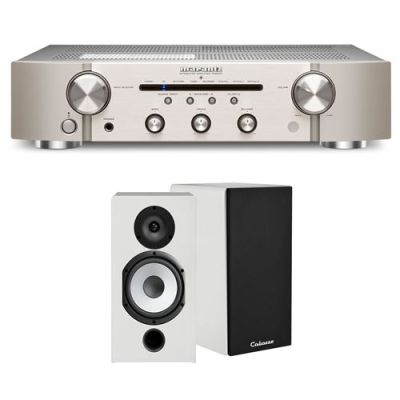 Un ampli Marantz PM6007 Argent et Or + une paire d'enceintes bibliothèque Cabasse Antigua MT32/2 Blanc mat
