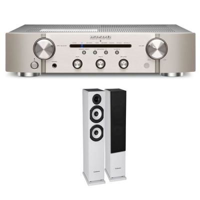 Un ampli Marantz PM6007 Argent et Or + une paire d'enceintes colonne Cabasse Jersey MT32/2 Edition spéciale Blanc mat