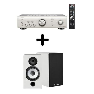 Un ampli Denon PMA-600NE Argent + une paire d'enceintes bibliothèque Cabasse Antigua MT32/2 Blanc