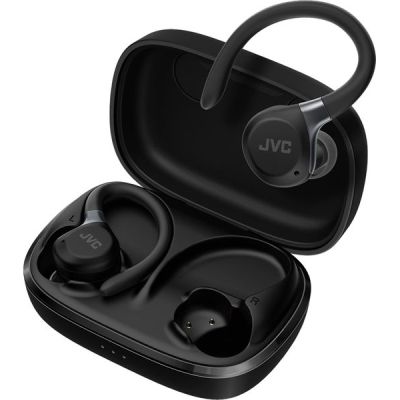 image Fitness Series JVC HA-EC75T-B Écouteurs de Sport sans Fil avec Arceau réglable, réduction Active du Bruit, Mode ambiant, IP57, 40 Heures d'autonomie, égaliseur App, Faible Latence, Microphone - Noir
