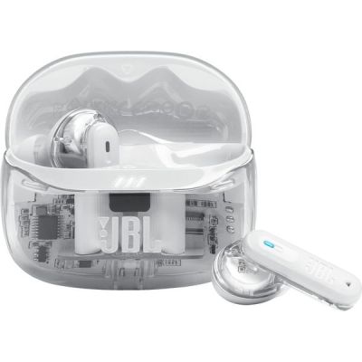 image JBL Tune Beam Ghost 2, Écouteurs sans Fil Bluetooth, réduction de Bruit, 48 Heures d'autonomie, résistance à l'eau et à la poussière IP54, Connexion multipoint, White Ghost
