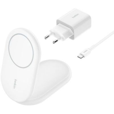 image Belkin BoostCharge Socle de Recharge Qi2 (Chargeur Pliable, Compatible MagSafe, 15 W, pour modèles de l'iPhone 16, 15, 14, 13, Chargeur Compatible Standy, Adaptateur Secteur Inclus, Blanc)