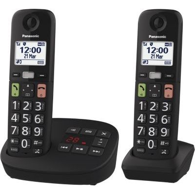 image Panasonic KX-TGU132EXB Téléphone Numérique sans Fil avec Répondeur, Unité de Base et 2 Combinés, Écran LCD, Grosses Touches, Appel Favori, Compatible avec Les Appareils Auditifs, Noir