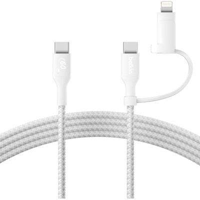 image Belkin Câble de Recharge 2-en-1 avec Connecteur USB-C et Lightning, Gaine Tressée, Recharge Rapide pour Apple iPhone, iPad, Samsung, Blanc