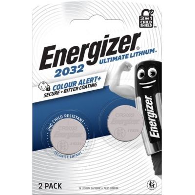 image Energizer Ultimate Lithium - CR 2032 Pile Bouton (Lot de 2) - Piles 3V - La 1ére pile bouton sécurité 3 en 1 Child Shield - technologie d'alerte couleur - Conservation 12 ans