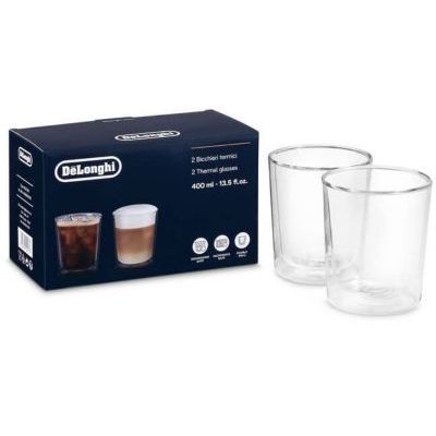 image De'Longhi DLSC318 Lot de verres thermiques en verre à double paroi résistant en borosilicate, confortable à tenir, sans condensation, lavable au lave-vaisselle, capacité 400 ml,