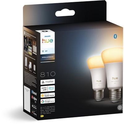 image Philips Hue Ampoule LED connectée A60, White Ambiance, Culot E27, 6 W, Spectre complet 1000-2000 K, 810 lumens, Intensité variable, Compatible avec Alexa, Google Assistant et Apple Home, pack de 2