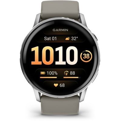 image Garmin Venu 4, 45mm - Montres GPS connectées avancées Forme et santé avec écran Ultra-Lumineux et coloré, Lampe LED intégrée et Fonctions connectée - Noir et Silver avec Bracelet Gris