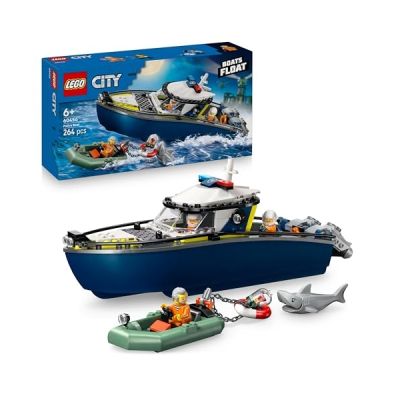 image LEGO City Police Boat Chase Set - INCL. 2 Boat Toys, 3 Minifigures & a Shark Animal Figure - Gift for 6+ Year Old Boys & Girls - 60456