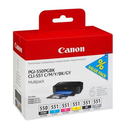 image Canon PGI-550/CLI-551 Cartouches PGBK/C/M/Y/BK/GY Multipack Noire Pigmenté, Cyan, Magenta, Jaune, Noir, Gris (Multipack plastique)