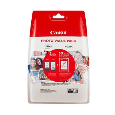 Canon PG-545XL/CL-546XL Cartouche Noire + Couleur XL + Pack de 50 feuilles papier photo PP-201 10x15cm (Emballage plastique sécurisé)