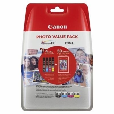 Canon CLI-551XL Cartouches BK/C/M/Y Multipack XL Noir, Cyan, Magenta, Jaune + Pack de 50 feuilles papier photo PP-201 10x15cm (Emballage plastique)