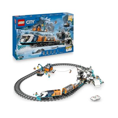 LEGO City Le Train Express des Explorateurs en Arctique - Locomotive Télécommandée - Chasse-Neige, 22 Rails & 6 Minifigurines - Fonction Chute de Rochers - Cadeau pour Garçon ou Fille dès 7 Ans 60470
